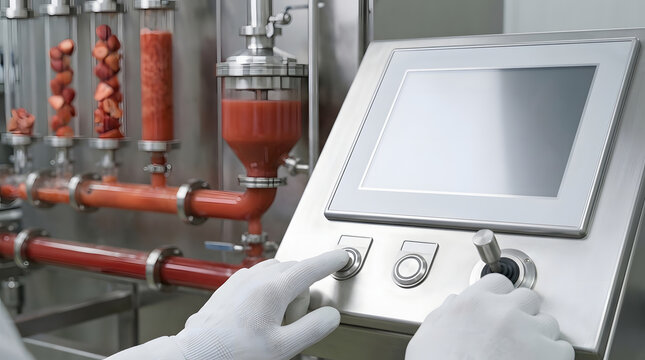 Worker Hands in White Gloves Operating Control Panel of Strawberry Processing Machine