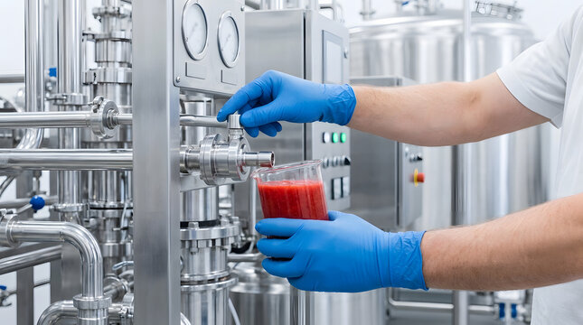 Worker in Blue Gloves Sampling Strawberry Puree from Stainless Steel Valve in Food Factory