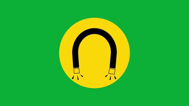 Animated flat icon of a black horseshoe magnet drawing magnetic lines inside a yellow circle on green background