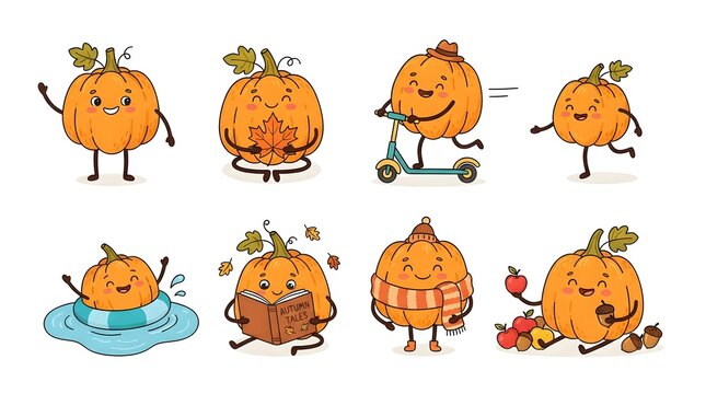 A collection of cute cartoon pumpkin characters in various poses celebrating a happy thanksgiving holiday with fun autumn activities and festive fall season harvest vibes