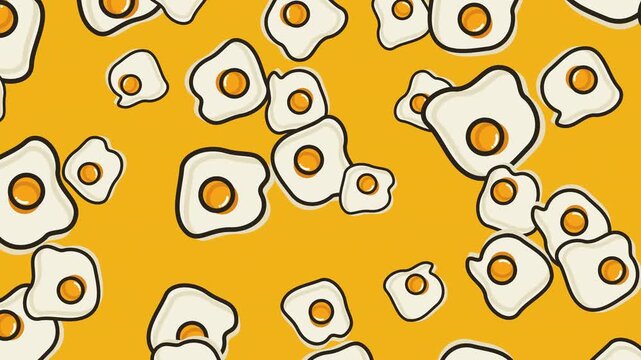 Seamless loop of cartoon fried eggs falling against a bright yellow background.