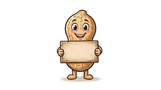 A cute cartoon peanut character holding a blank wooden sign for your custom message to wish everyone a happy thanksgiving during the festive autumn season