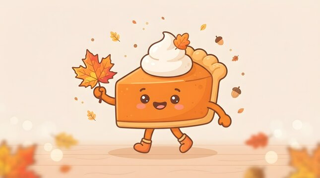 A cute cartoon pumpkin pie slice character holding an autumn leaf to celebrate a happy thanksgiving holiday season with festive fall colors and cheerful vibes
