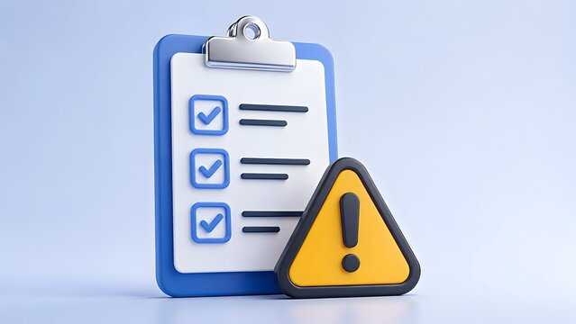 Risk management compliance audit concept with clipboard checklist and yellow warning sign representing quality control and business safety alert