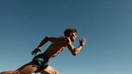 Obraz premium Fit male runner sprinting fast against a clear blue sky