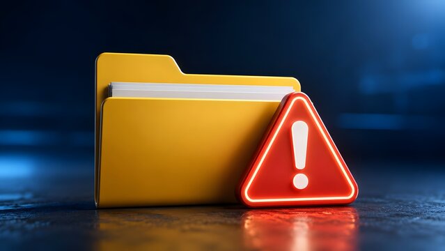 Data breach warning concept with yellow file folder and glowing red exclamation sign representing cybersecurity risk and confidential document alert