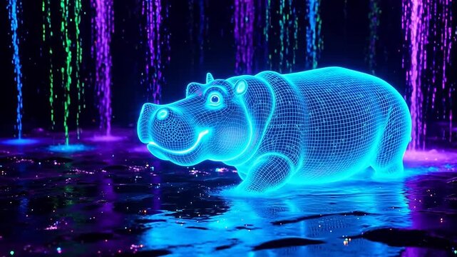 A digital hippopotamus splashes data mud with playful energy