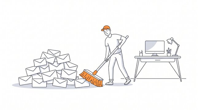 A man cleaning a large pile of digital mail and messages in a modern office workspace