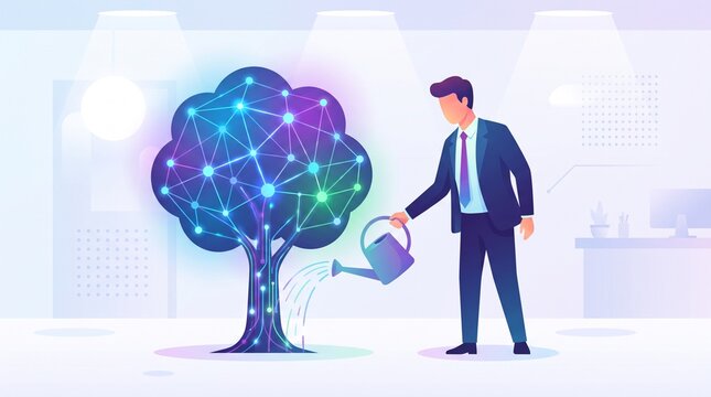 Businessman watering a glowing digital artificial intelligence tree representing data growth and technological development