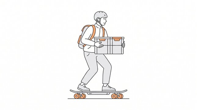 Delivery courier riding a skateboard with a package box and wearing a safety helmet for urban logistics
