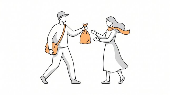 Delivery worker handing a package to a customer in a minimalist line art illustration