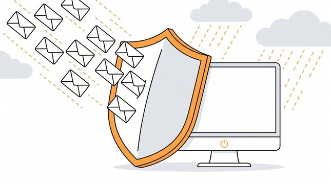 Digital security shield protecting computer monitor from incoming spam email cyber attacks