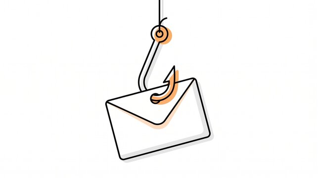 Phishing email symbol captured by a sharp metal hook representing cybersecurity threats and digital fraud risks