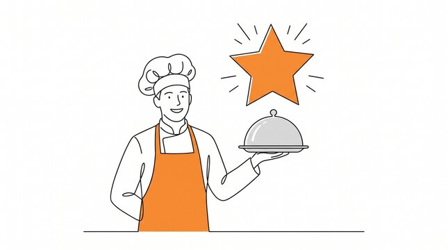 Professional chef holding a silver platter with a star rating symbol representing high quality restaurant service