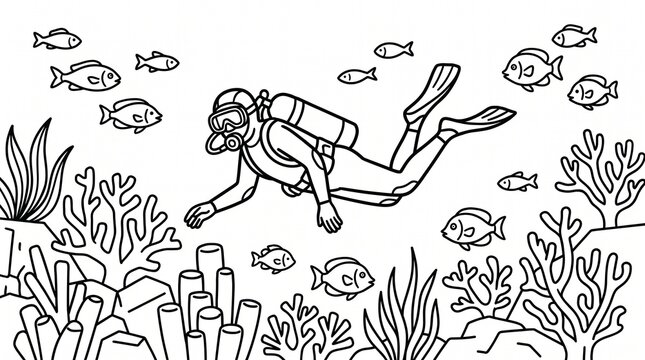Scuba diver exploring a tropical coral reef with exotic fish and underwater plants in a linear art style