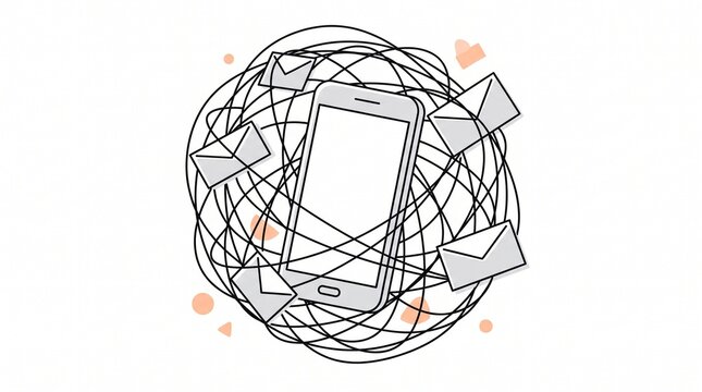 Smartphone surrounded by a tangle of scattered digital mail envelopes representing information overload and communication chaos