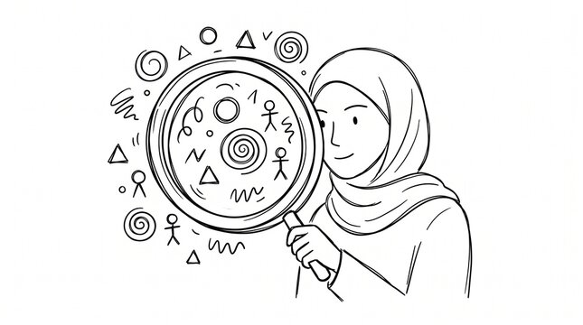 Woman wearing a hijab examines abstract symbols and stick figures through a magnifying glass