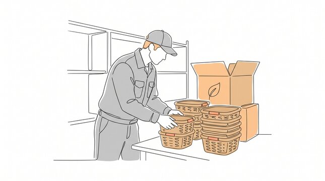 Warehouse worker packing sustainable wicker baskets into cardboard boxes for shipping logistics