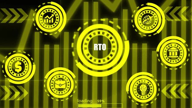 Business finance animation with various icons and rto text on glowing yellow background.