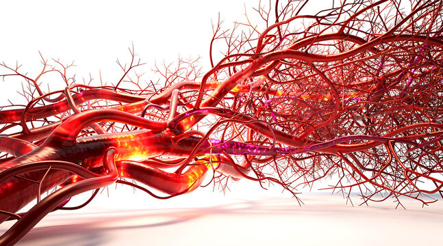 Intricate network of blood vessels branching and intertwining in a detailed medical illustration