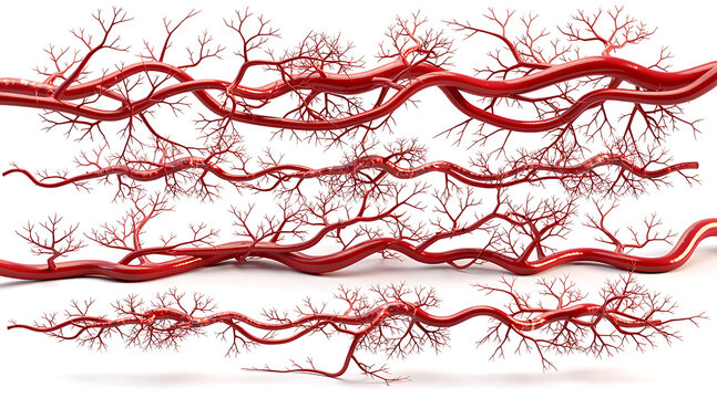 detailed red blood vessel network showcasing intricate pathways and branching patterns highlighting the complexity of the