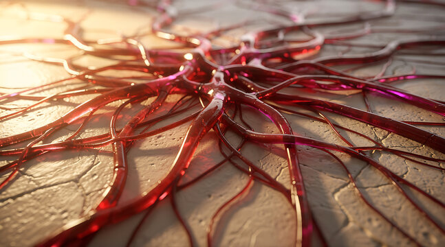 Close-up of a neural network illustration highlighting interconnected red and purple pathways on a textured surface