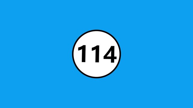 Countdown timer with number one hundred fourteen inside white circle on blue background.