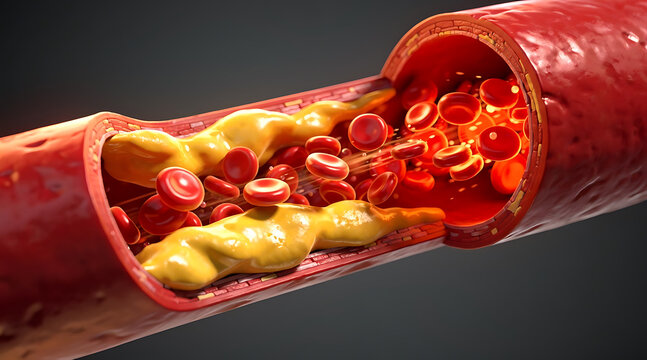 detailed cross-section of human artery showing red blood cells and cholesterol buildup in a realistic medical illustration