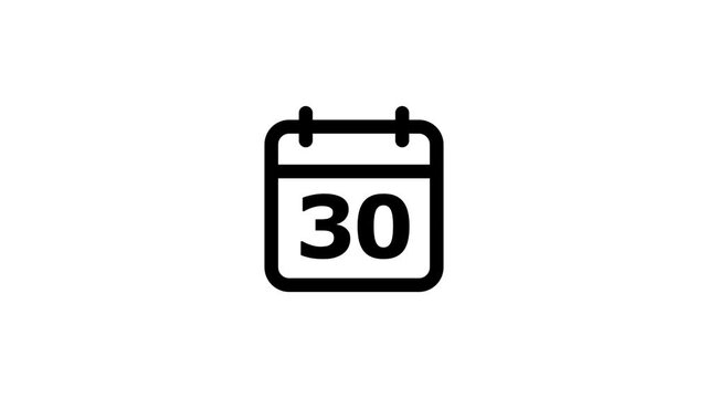 Simple black calendar showing the number thirty isolated on a white background for scheduling and date tracking applications and web use