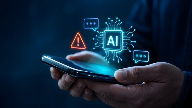 Hands holding smartphone with blue holographic AI microchip and red warning. Concept of chatbot moderation and conversational risk alert.