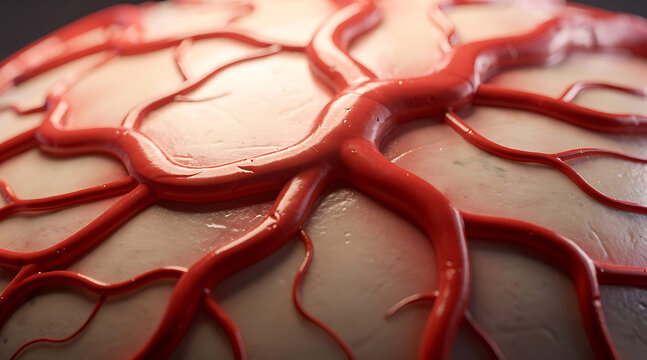 Close-up of a detailed artistic blood vessel pattern with vibrant red and soft beige hues highlighting the intricate network of