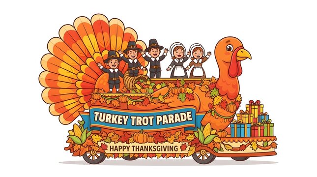 A festive turkey float illustration celebrating a happy thanksgiving parade with colorful autumn leaves and cheerful characters on a decorative vehicle for holiday event design