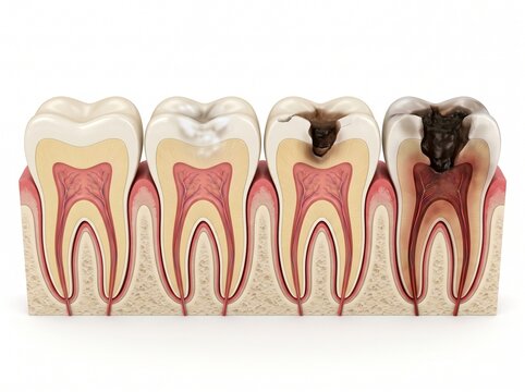 A medical illustration shows the stages of tooth decay, ranging from a healthy tooth to early-stage enamel demineralization, the formation of a dentin cavity, and severe damage extending to the pulp.