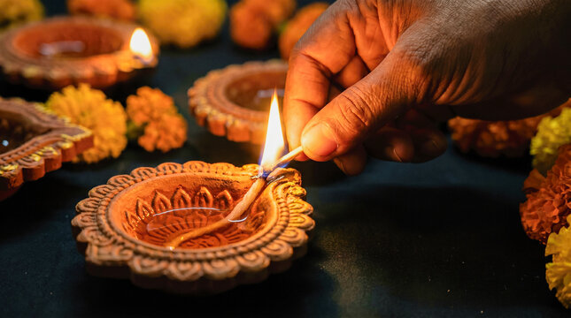 hand lighting traditional clay diya lamp with matchstick bright glowing flame yellow marigold flowers dark background indian hindu diwali festival celebration culture spirituality