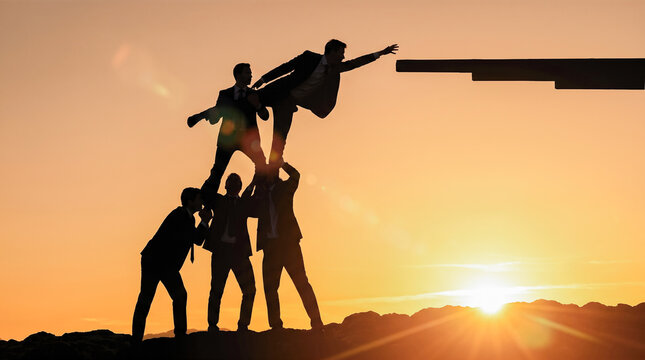 Five silhouetted professional men forming tall human pyramid helping top individual grasp distant overhanging stone ledge directly against bright glowing evening sky