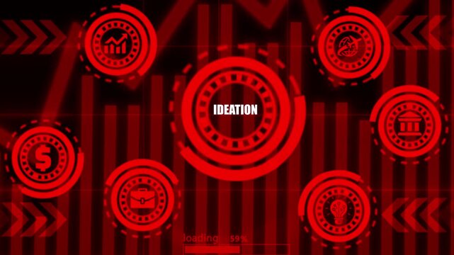 Futuristic red hud displays business graphs and ideation concept with loading bar.