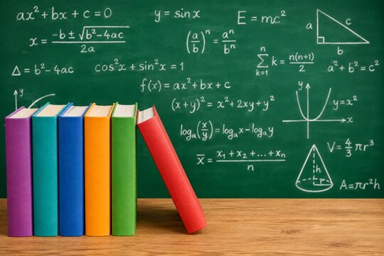 Colorful Books on Desk with Mathematics Formulas on Chalkboard