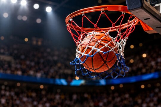 Basketball Scoring Through Hoop During Arena Game