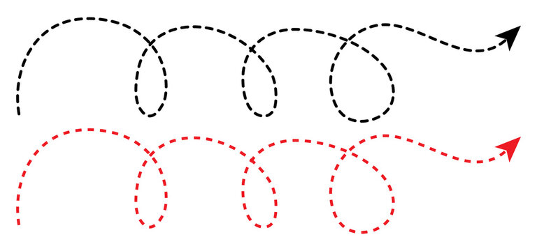 Set of dashed lines hand drawn black and red arrows in different styles. Set of dot lines hand drawn arrows. Various dotted lines arrows.