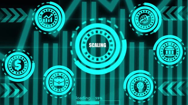 Futuristic loading bar with financial icons and graph background motion.
