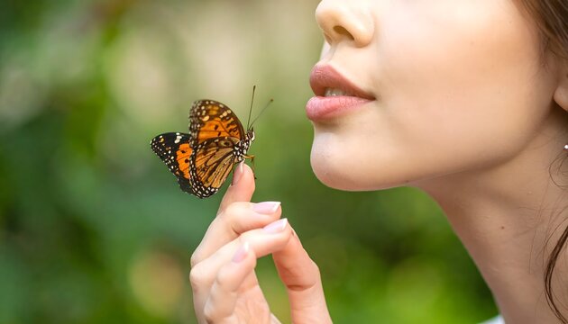 Mujer observando una mariposa monarca posada sobre su dedo en un entorno natural desenfocado