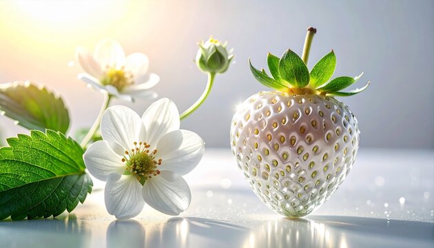 White strawberry with blossoms in soft sunlight