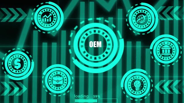 Futuristic loading screen with financial icons and graphs in neon green motion.