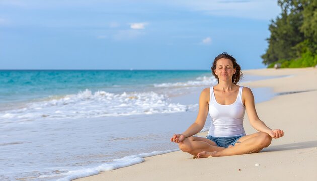 Mujer meditando sentada con las piernas cruzadas en una playa tropical junto al mar