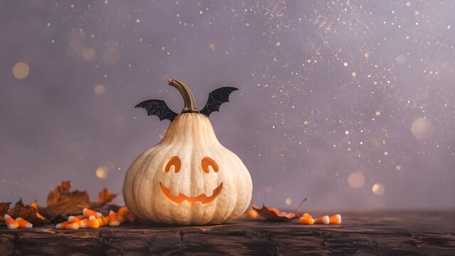 Carved white pumpkin face with black bat wings on rustic wood