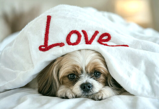 Adorable small fluffy puppy resting under a white blanket with love embroidered text looking cute and cozy