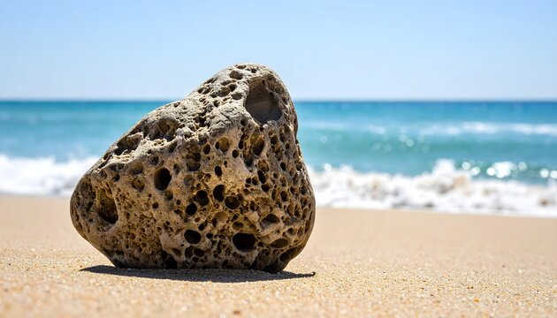 Piedra porosa sobre la arena de una playa con el mar y las olas desenfocados al fondo