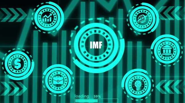 Imf branding motion graphic with digital financial hud interface technology loading screen.
