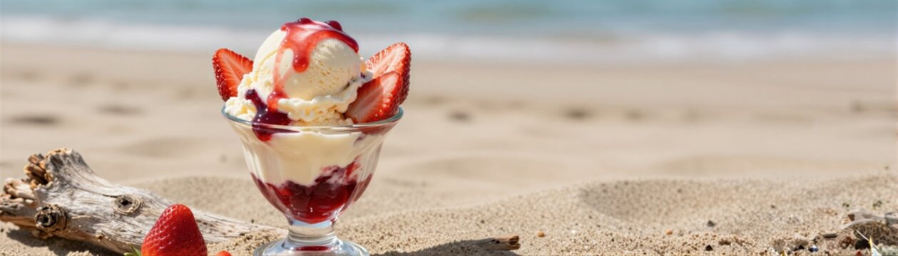 Captures Dessert Prominently Placed In Foreground Against Beach Backdrop Main Subject Ice Cream Sundae Served Clear Glass Cup Garnished