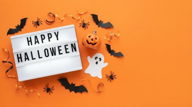 Festive Happy Halloween light box and spooky decorations on orange
